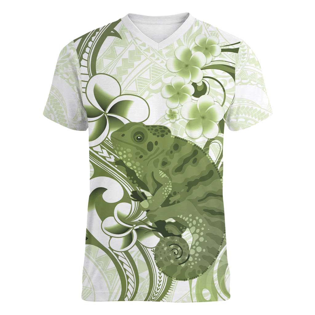 Green And White Hawaii Chameleon Women V-Neck T-Shirt Plumeria Polynesian Tribal Art LT14 Female Lime Green - Polynesian Pride
