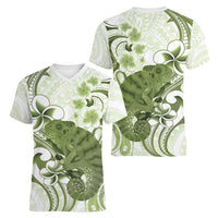 Green And White Hawaii Chameleon Women V-Neck T-Shirt Plumeria Polynesian Tribal Art