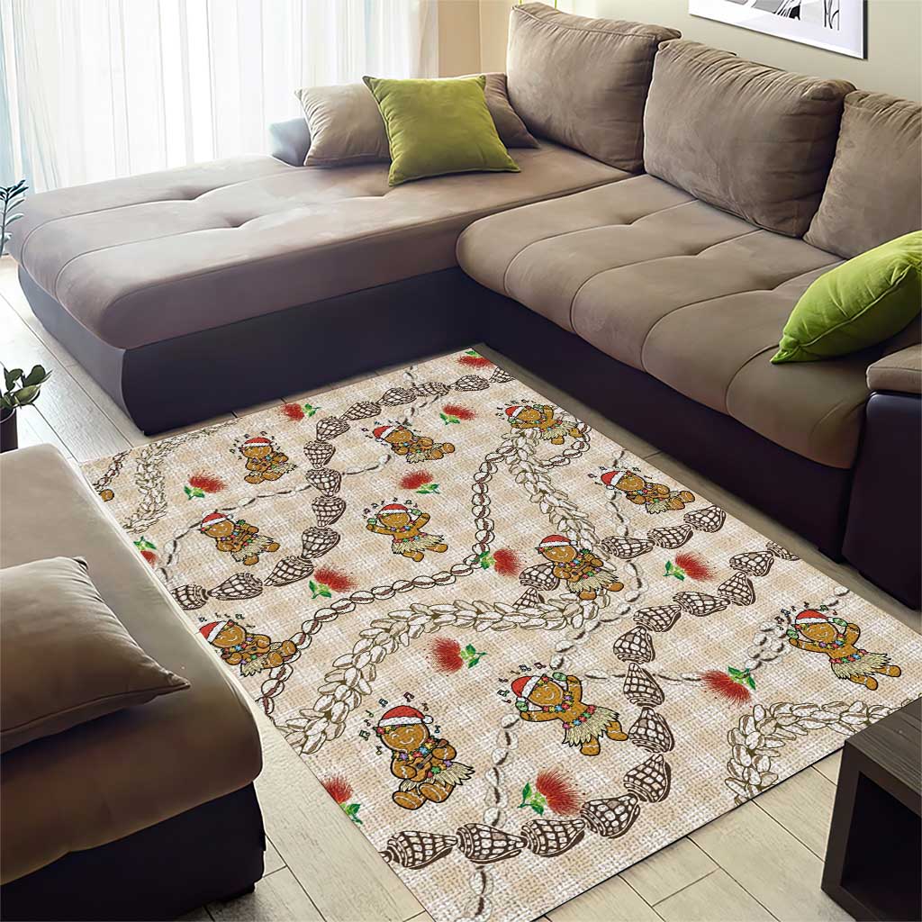 Beige Palaka Hawaii Mele Kalikimaka Area Rug Ohia Lehua Shell Leis Funny Gingerbread Santa - Polynesian Pride