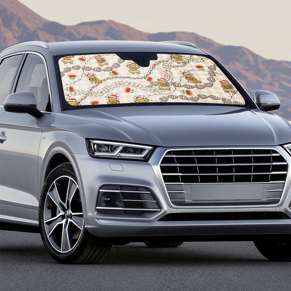 Beige Palaka Hawaii Mele Kalikimaka Auto Sun Shade Ohia Lehua Shell Leis Funny Gingerbread Santa - Polynesian Pride