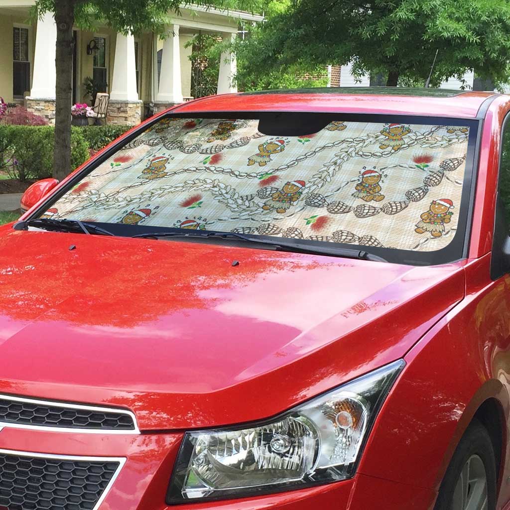 Beige Palaka Hawaii Mele Kalikimaka Auto Sun Shade Ohia Lehua Shell Leis Funny Gingerbread Santa - Polynesian Pride
