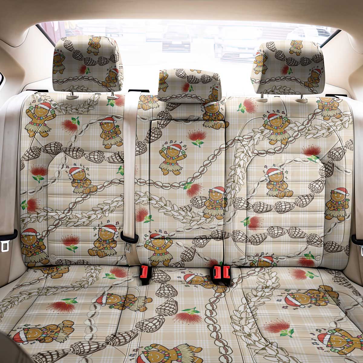 Beige Palaka Hawaii Mele Kalikimaka Back Car Seat Cover Ohia Lehua Shell Leis Funny Gingerbread Santa - Polynesian Pride