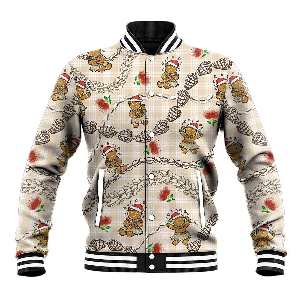 Beige Palaka Hawaii Mele Kalikimaka Baseball Jacket Ohia Lehua Shell Leis Funny Gingerbread Santa LT14 Unisex Beige - Polynesian Pride