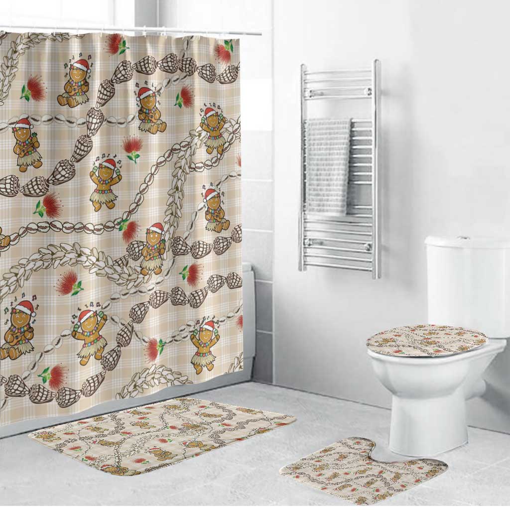 Beige Palaka Hawaii Mele Kalikimaka Bathroom Set Ohia Lehua Shell Leis Funny Gingerbread Santa - Polynesian Pride