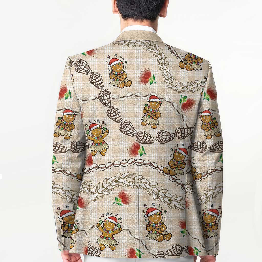 Beige Palaka Hawaii Mele Kalikimaka Blazer Ohia Lehua Shell Leis Funny Gingerbread Santa - Polynesian Pride