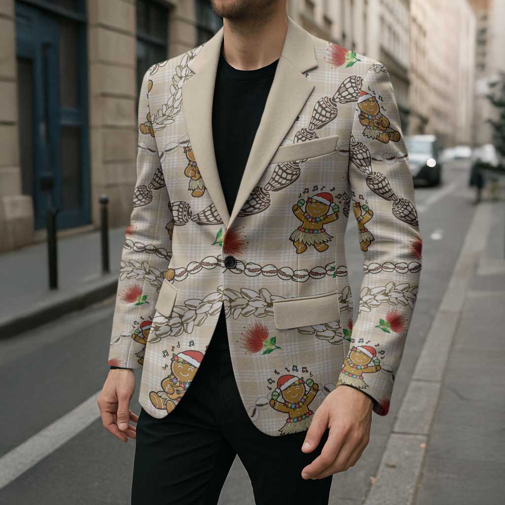 Beige Palaka Hawaii Mele Kalikimaka Blazer Ohia Lehua Shell Leis Funny Gingerbread Santa - Polynesian Pride