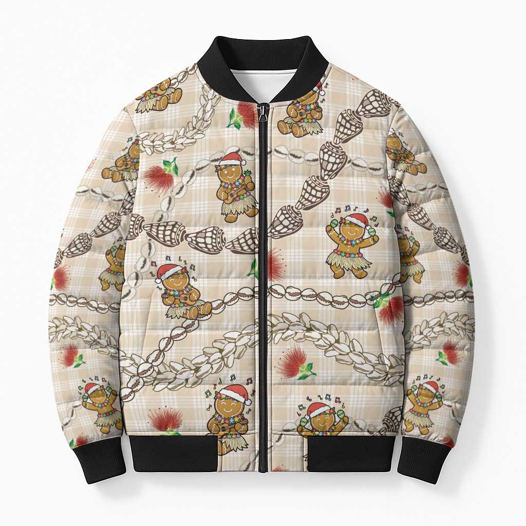 Beige Palaka Hawaii Mele Kalikimaka Bomber Puffer Jacket Ohia Lehua Shell Leis Funny Gingerbread Santa LT14 Unisex Beige - Polynesian Pride