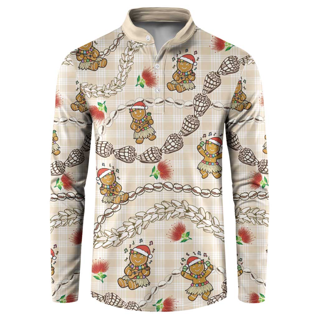 Beige Palaka Hawaii Mele Kalikimaka Button Sweatshirt Ohia Lehua Shell Leis Funny Gingerbread Santa LT14 Beige - Polynesian Pride