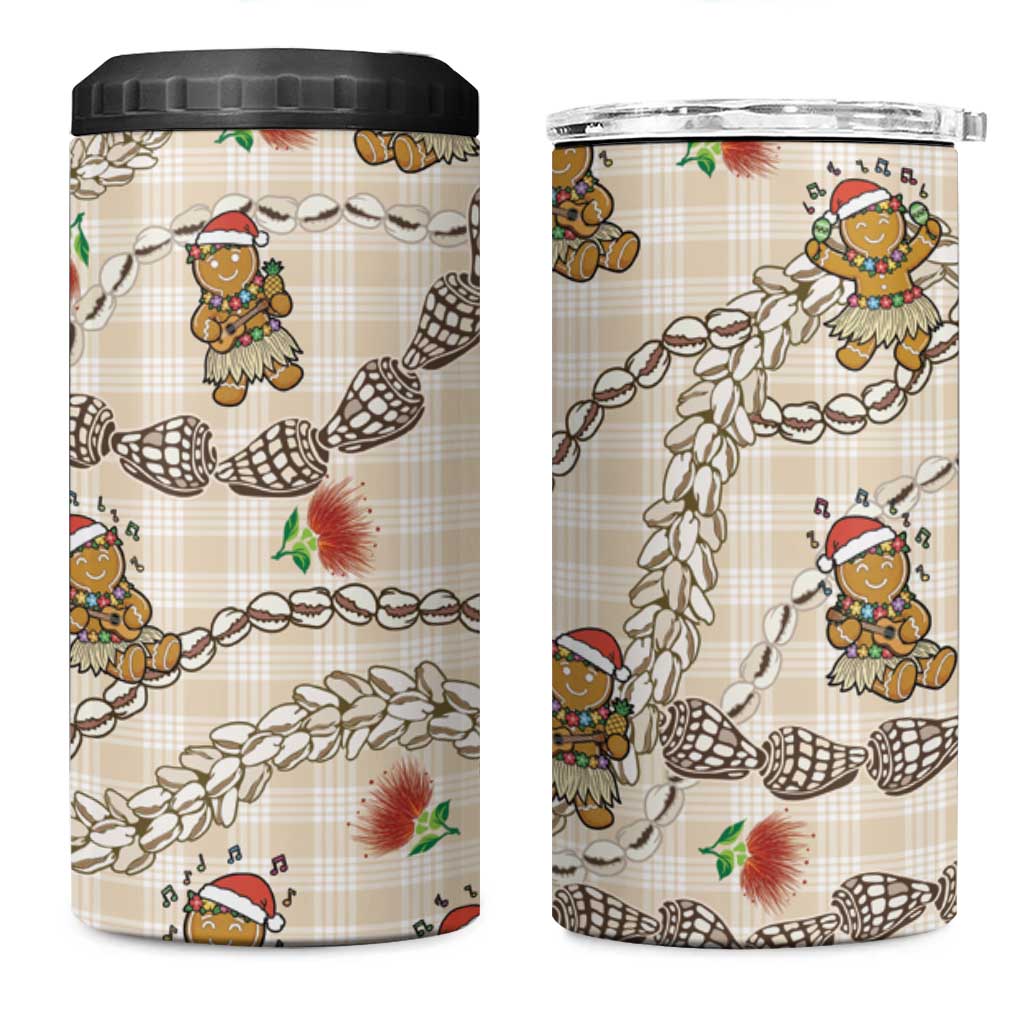 Beige Palaka Hawaii Mele Kalikimaka 4 in 1 Can Cooler Tumbler Ohia Lehua Shell Leis Funny Gingerbread Santa - Polynesian Pride