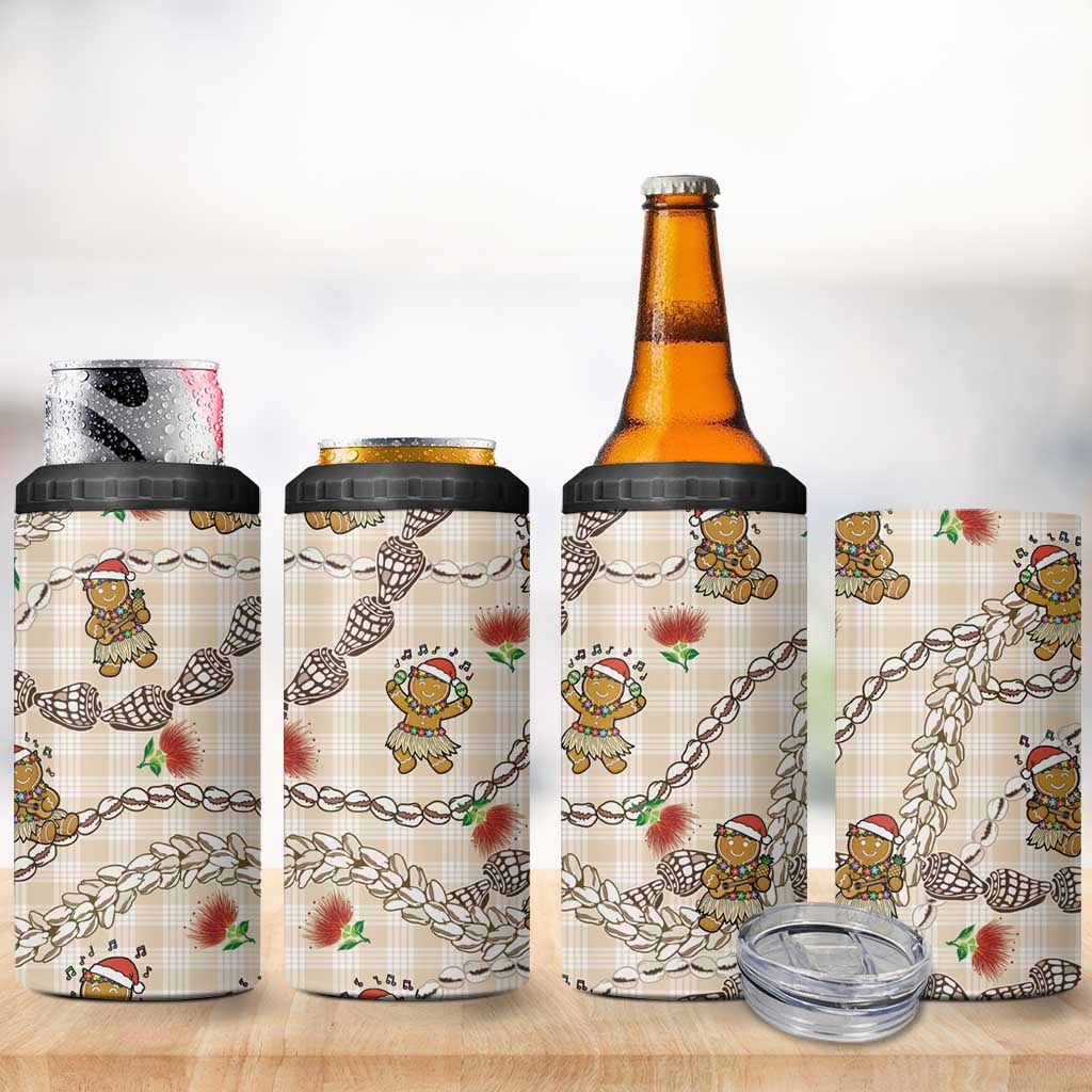Beige Palaka Hawaii Mele Kalikimaka 4 in 1 Can Cooler Tumbler Ohia Lehua Shell Leis Funny Gingerbread Santa - Polynesian Pride