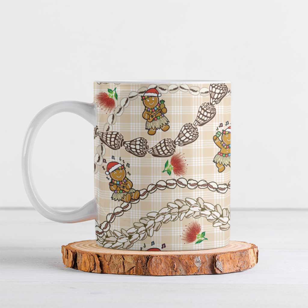 Beige Palaka Hawaii Mele Kalikimaka Ceramic Mug Ohia Lehua Shell Leis Funny Gingerbread Santa - Polynesian Pride