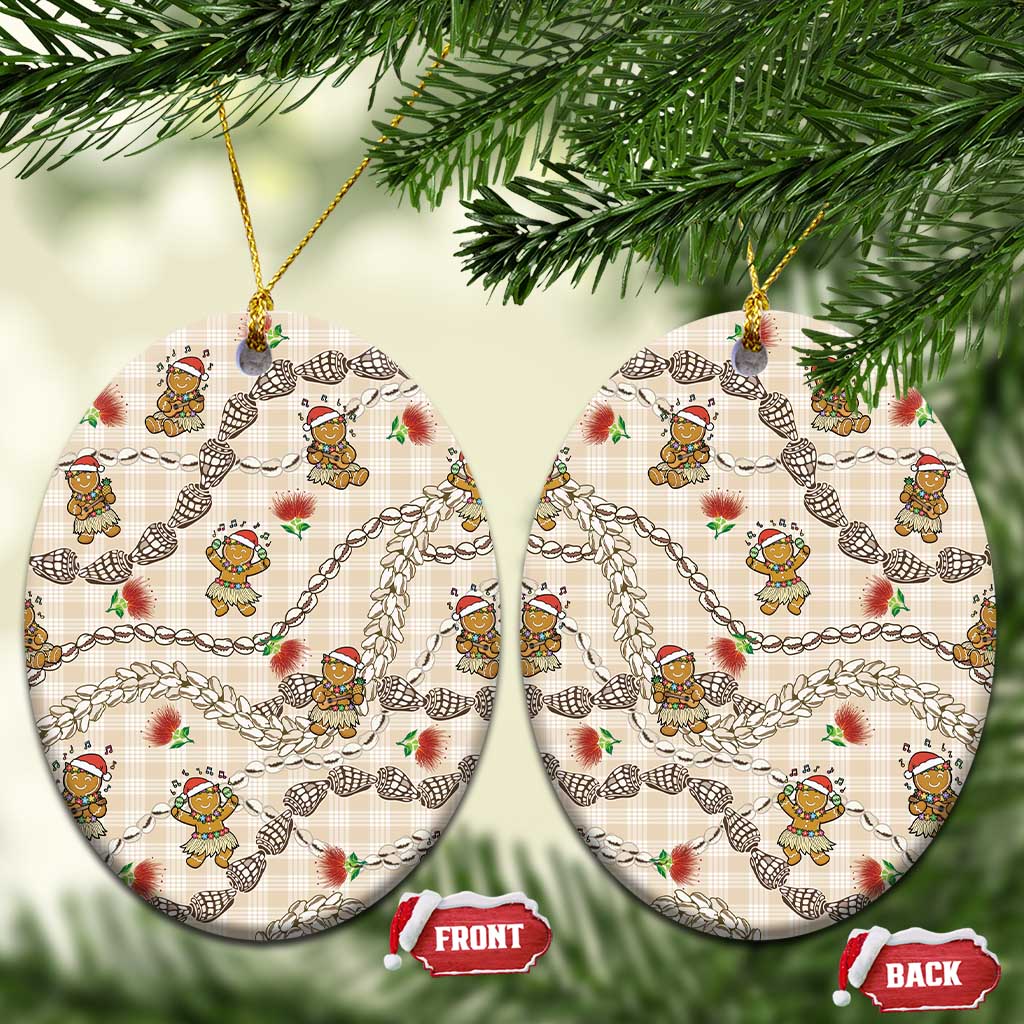 Beige Palaka Hawaii Mele Kalikimaka Ceramic Ornament Ohia Lehua Shell Leis Funny Gingerbread Santa - Polynesian Pride