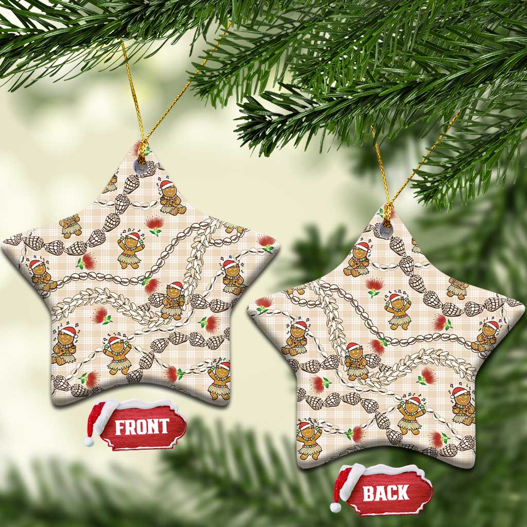 Beige Palaka Hawaii Mele Kalikimaka Ceramic Ornament Ohia Lehua Shell Leis Funny Gingerbread Santa - Polynesian Pride