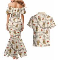 Beige Palaka Hawaii Mele Kalikimaka Couples Matching Mermaid Dress and Hawaiian Shirt Ohia Lehua Shell Leis Funny Gingerbread Santa - Polynesian Pride