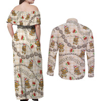 Beige Palaka Hawaii Mele Kalikimaka Couples Matching Off Shoulder Maxi Dress and Long Sleeve Button Shirt Ohia Lehua Shell Leis Funny Gingerbread Santa - Polynesian Pride