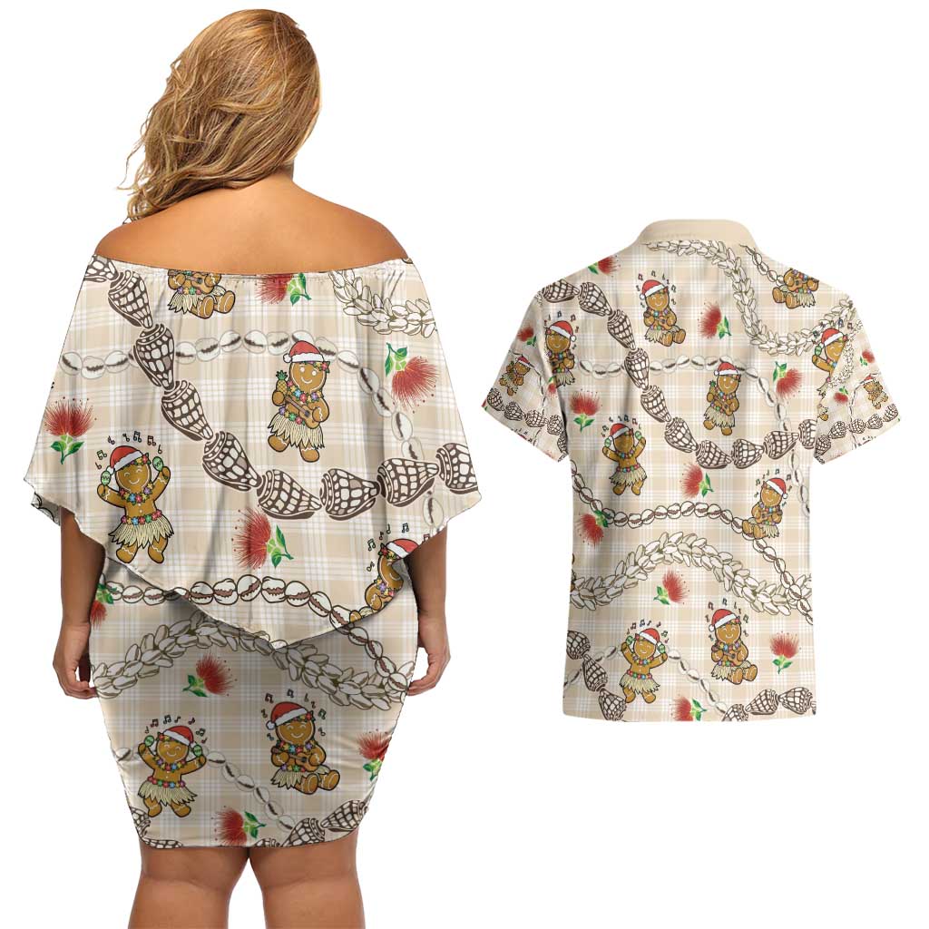 Beige Palaka Hawaii Mele Kalikimaka Couples Matching Off Shoulder Short Dress and Hawaiian Shirt Ohia Lehua Shell Leis Funny Gingerbread Santa - Polynesian Pride