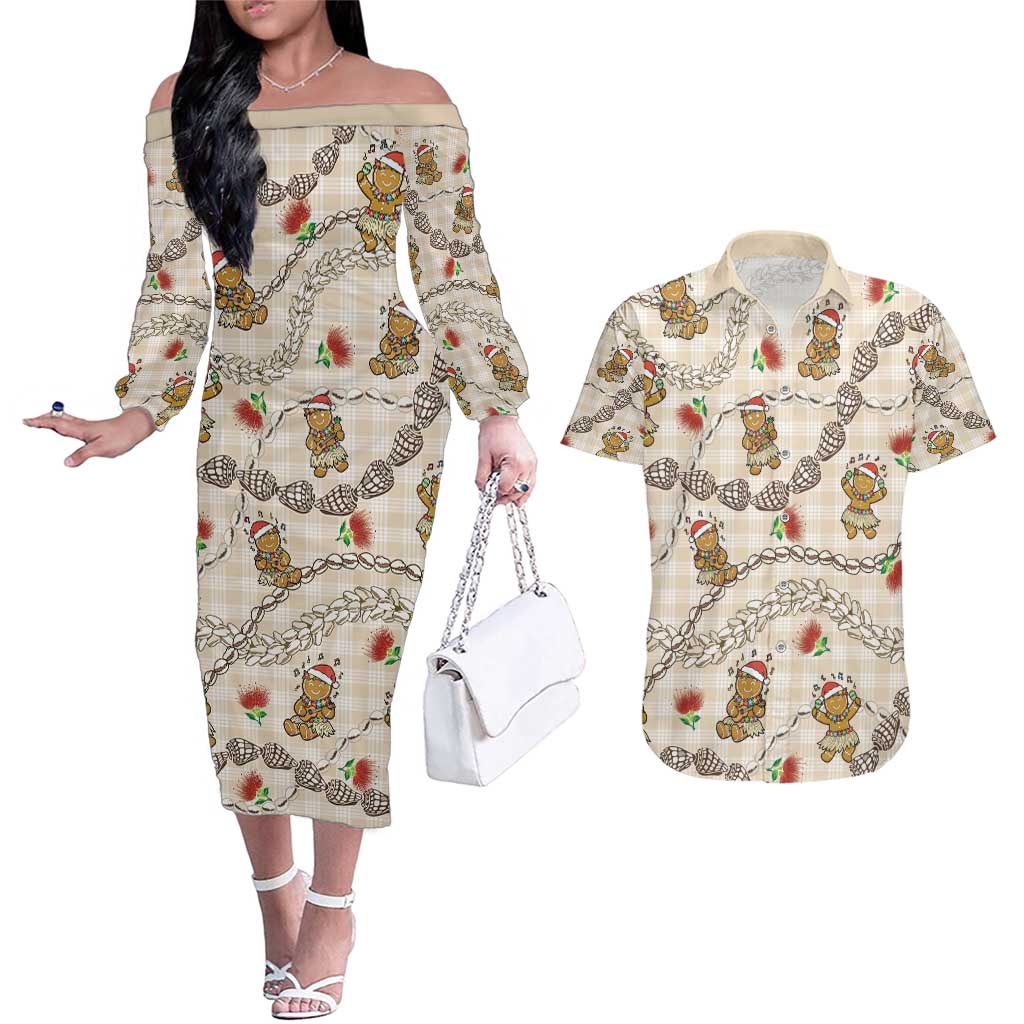 Beige Palaka Hawaii Mele Kalikimaka Couples Matching Off The Shoulder Long Sleeve Dress and Hawaiian Shirt Ohia Lehua Shell Leis Funny Gingerbread Santa - Polynesian Pride