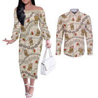 Beige Palaka Hawaii Mele Kalikimaka Couples Matching Off The Shoulder Long Sleeve Dress and Long Sleeve Button Shirt Ohia Lehua Shell Leis Funny Gingerbread Santa - Polynesian Pride