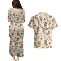 Beige Palaka Hawaii Mele Kalikimaka Couples Matching Puletasi and Hawaiian Shirt Ohia Lehua Shell Leis Funny Gingerbread Santa - Polynesian Pride