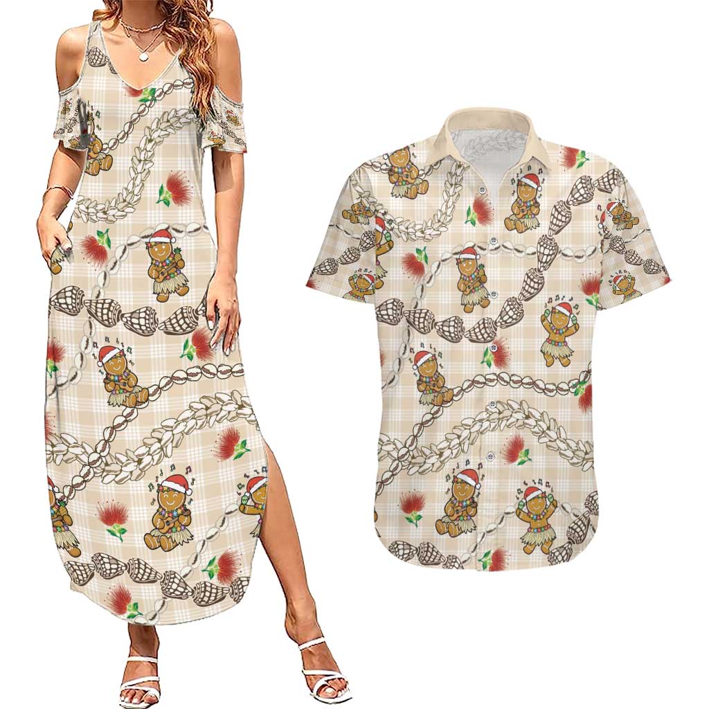 Beige Palaka Hawaii Mele Kalikimaka Couples Matching Summer Maxi Dress and Hawaiian Shirt Ohia Lehua Shell Leis Funny Gingerbread Santa - Polynesian Pride