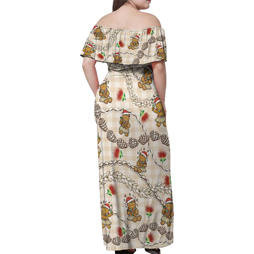 Beige Palaka Hawaii Mele Kalikimaka Family Matching Off Shoulder Maxi Dress and Hawaiian Shirt Ohia Lehua Shell Leis Funny Gingerbread Santa - Polynesian Pride