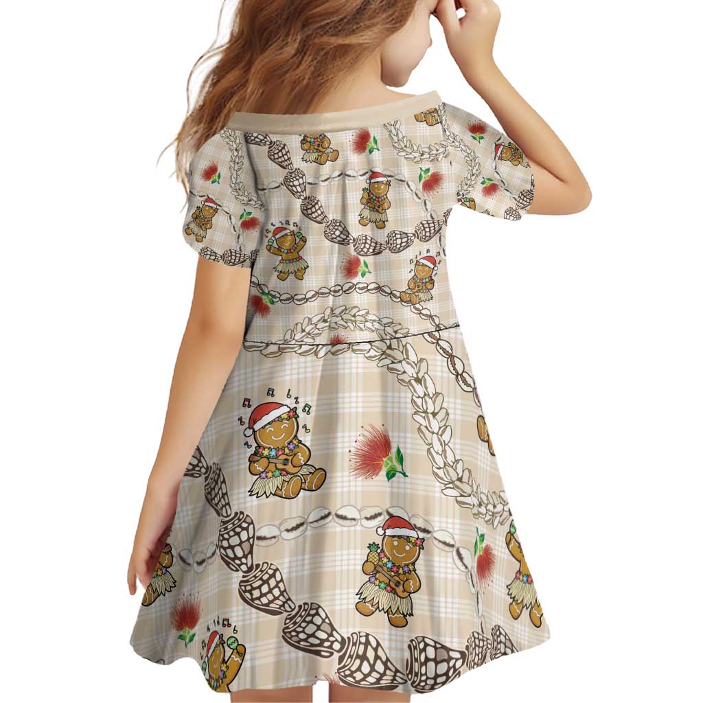 Beige Palaka Hawaii Mele Kalikimaka Family Matching Off Shoulder Short Dress and Hawaiian Shirt Ohia Lehua Shell Leis Funny Gingerbread Santa - Polynesian Pride