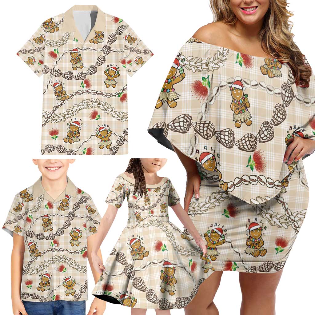 Beige Palaka Hawaii Mele Kalikimaka Family Matching Off Shoulder Short Dress and Hawaiian Shirt Ohia Lehua Shell Leis Funny Gingerbread Santa - Polynesian Pride