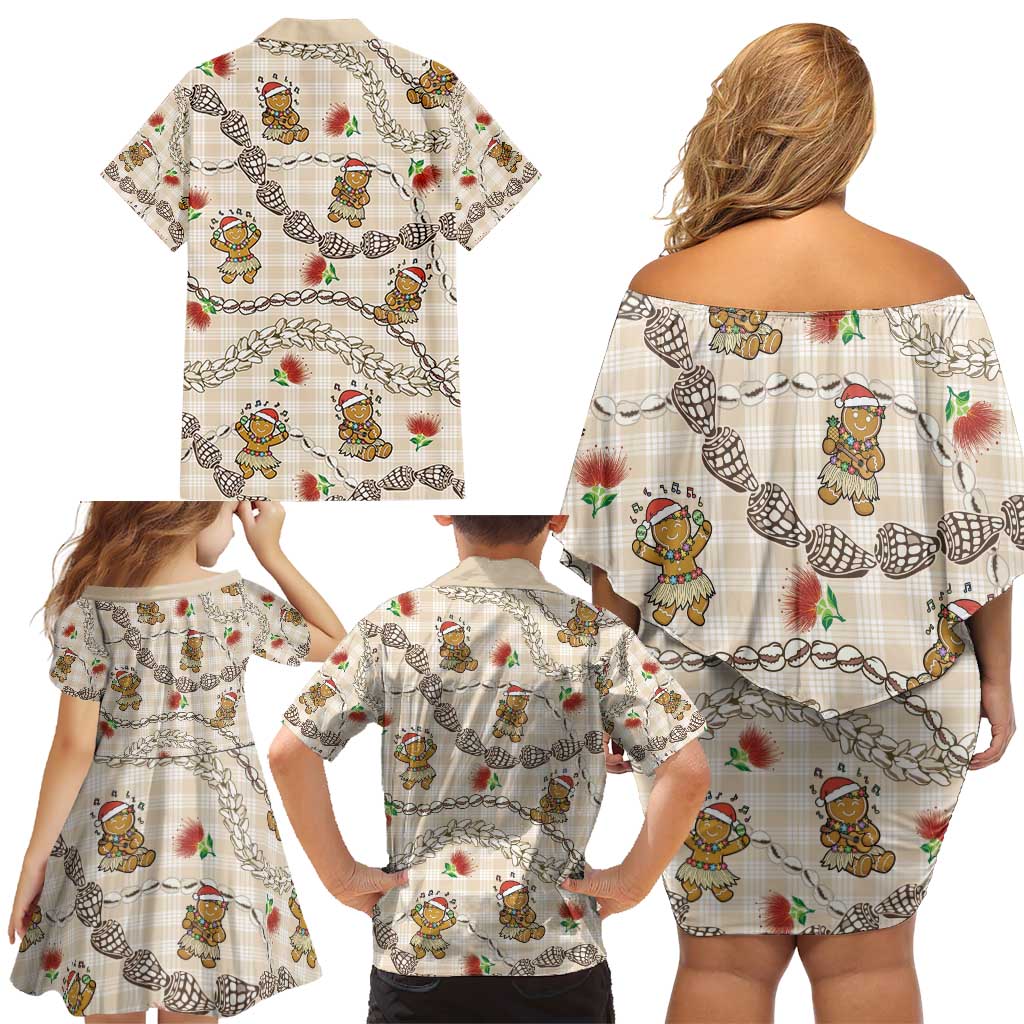 Beige Palaka Hawaii Mele Kalikimaka Family Matching Off Shoulder Short Dress and Hawaiian Shirt Ohia Lehua Shell Leis Funny Gingerbread Santa - Polynesian Pride