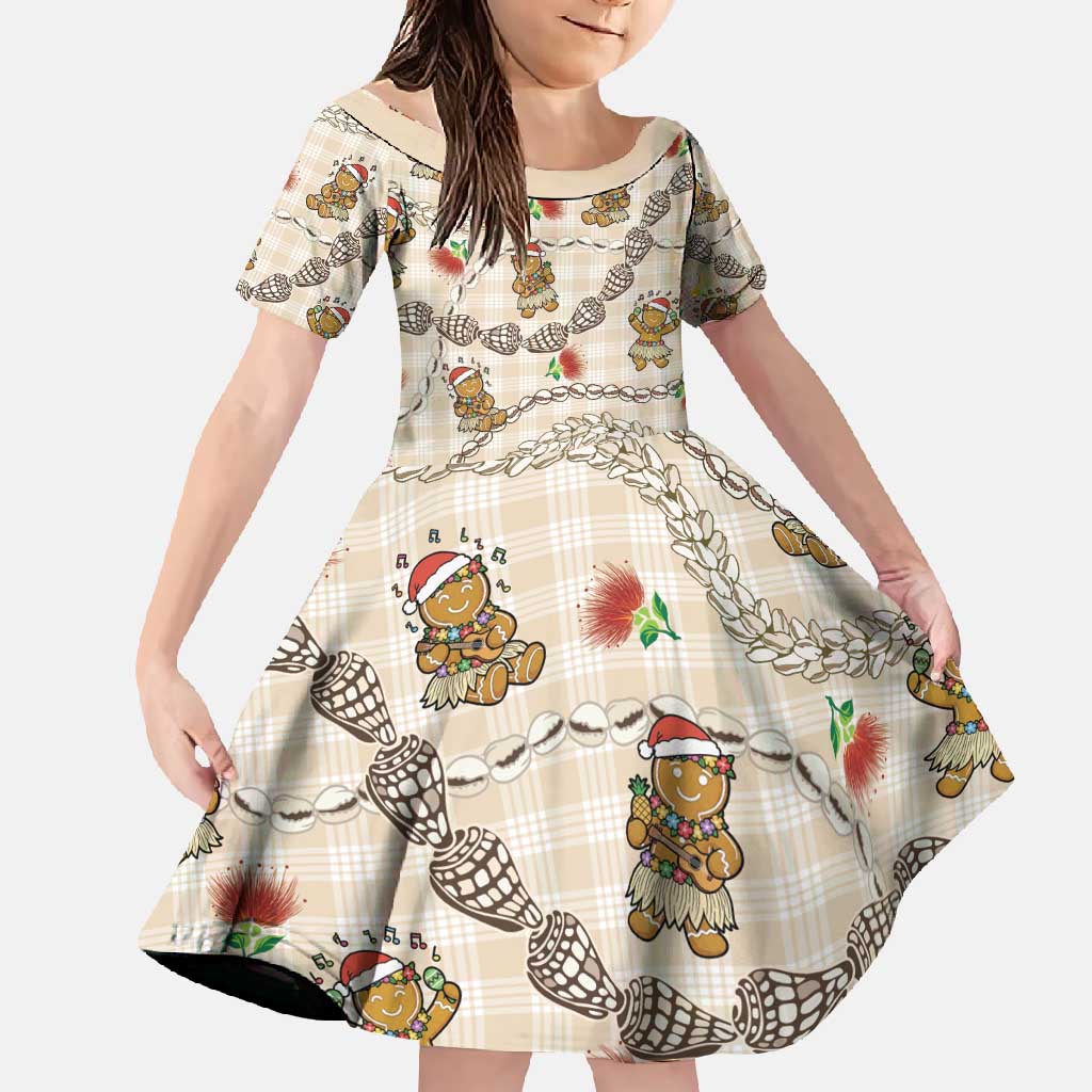Beige Palaka Hawaii Mele Kalikimaka Family Matching Summer Maxi Dress and Hawaiian Shirt Ohia Lehua Shell Leis Funny Gingerbread Santa - Polynesian Pride