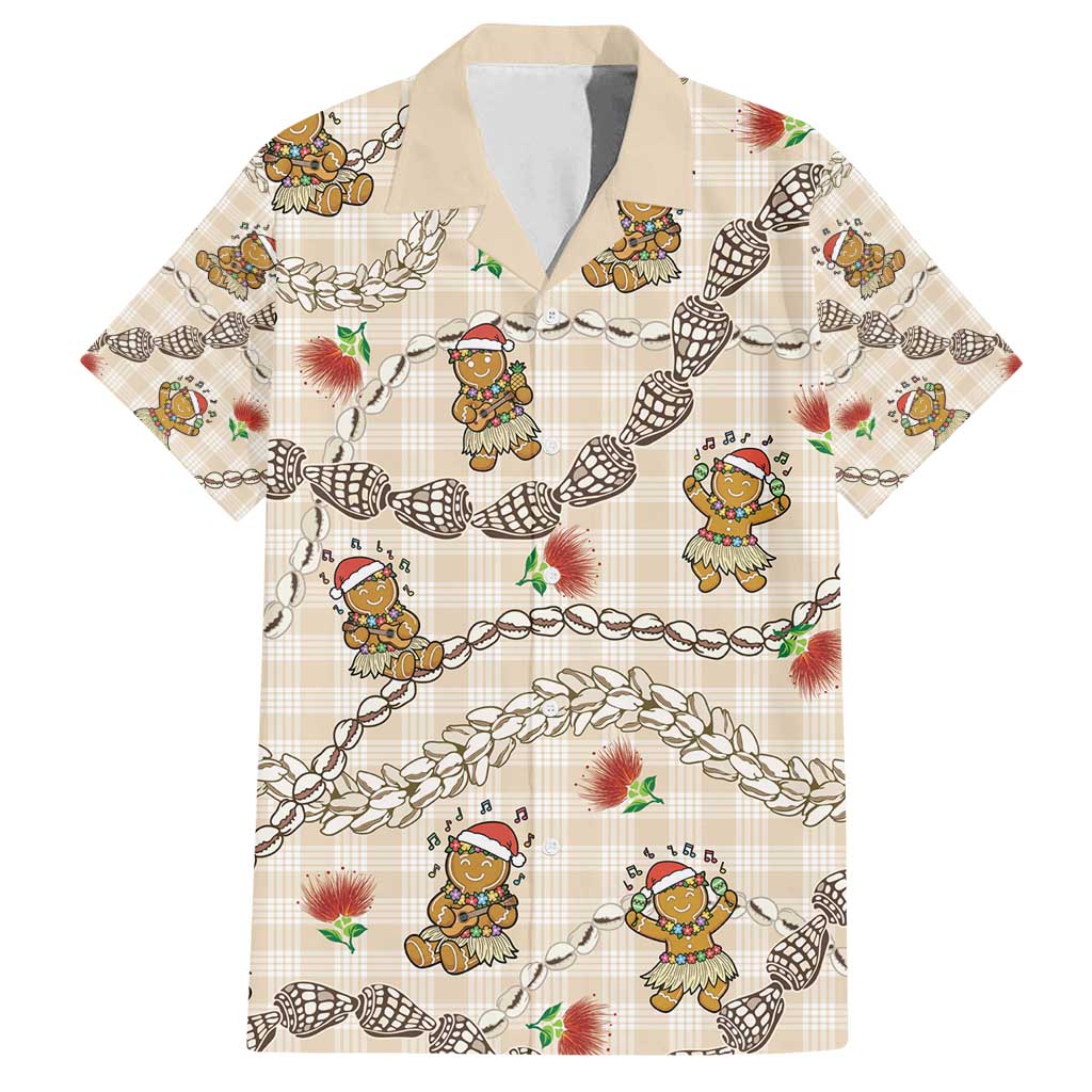 Beige Palaka Hawaii Mele Kalikimaka Family Matching Summer Maxi Dress and Hawaiian Shirt Ohia Lehua Shell Leis Funny Gingerbread Santa - Polynesian Pride