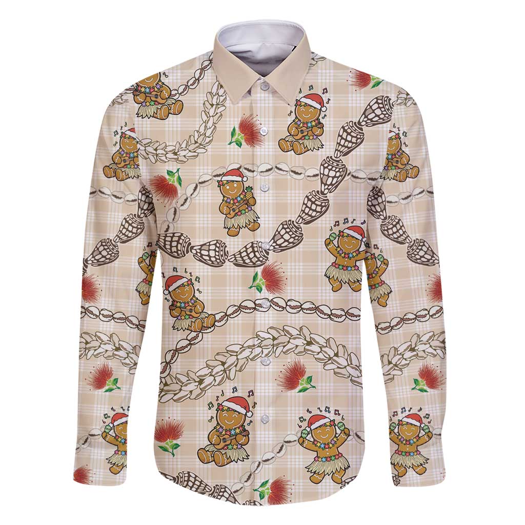Beige Palaka Hawaii Mele Kalikimaka Family Matching Summer Maxi Dress and Hawaiian Shirt Ohia Lehua Shell Leis Funny Gingerbread Santa - Polynesian Pride