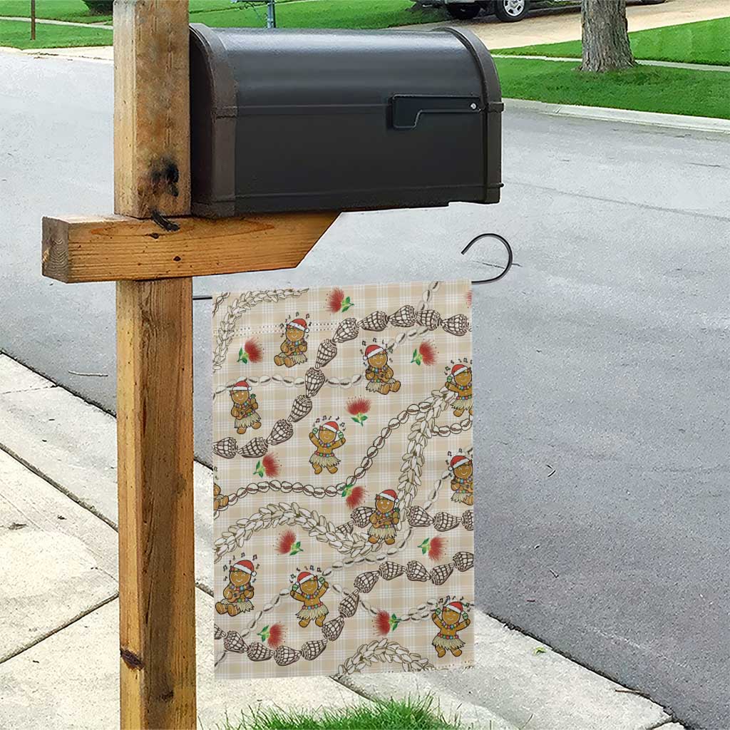 Beige Palaka Hawaii Mele Kalikimaka Garden Flag Ohia Lehua Shell Leis Funny Gingerbread Santa - Polynesian Pride