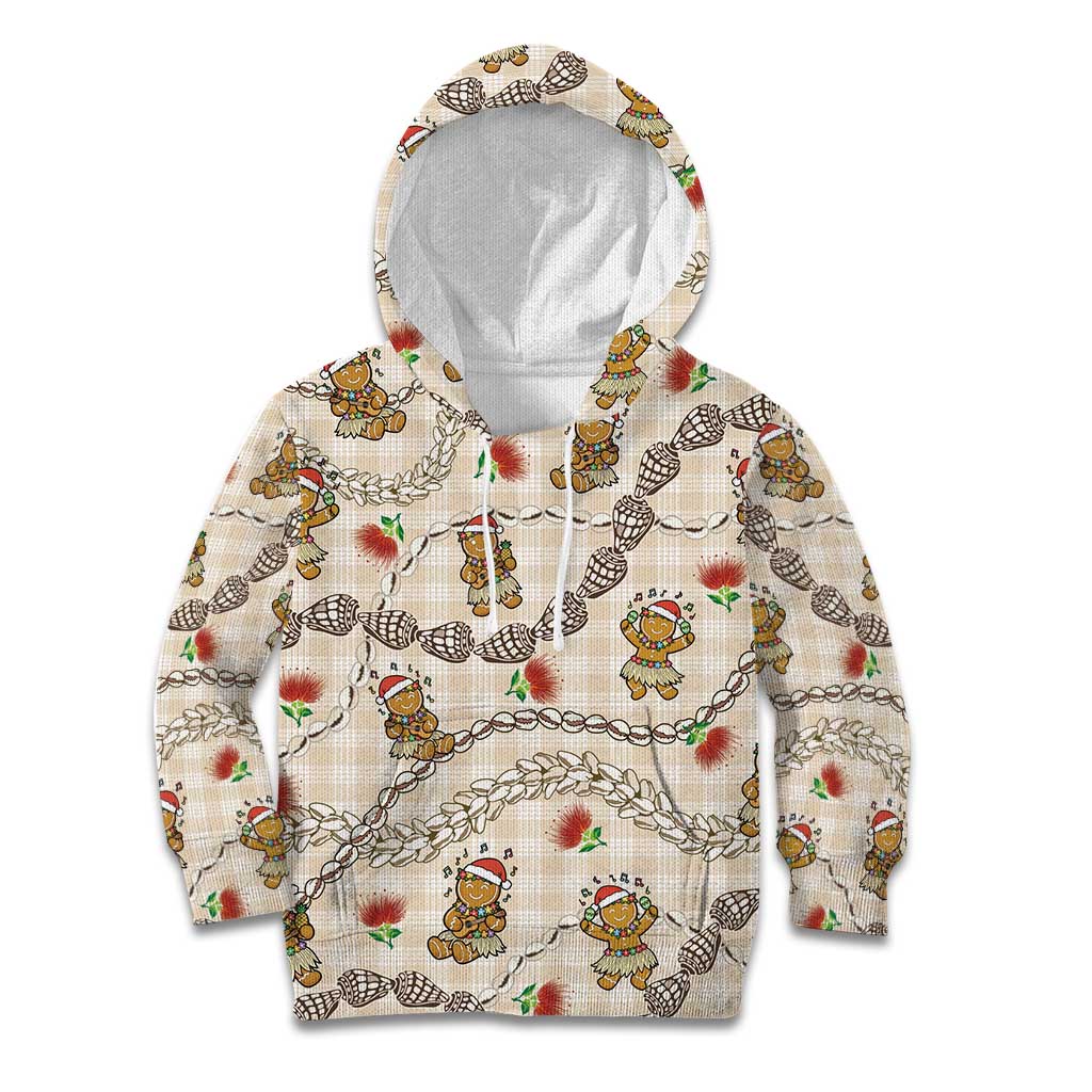 Beige Palaka Hawaii Mele Kalikimaka Kid Hoodie Ohia Lehua Shell Leis Funny Gingerbread Santa - Polynesian Pride
