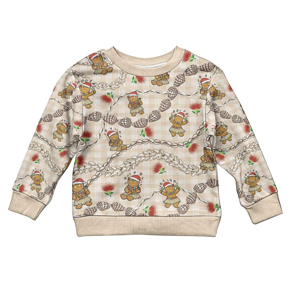 Beige Palaka Hawaii Mele Kalikimaka Kid Ugly Christmas Sweater Ohia Lehua Shell Leis Funny Gingerbread Santa - Polynesian Pride