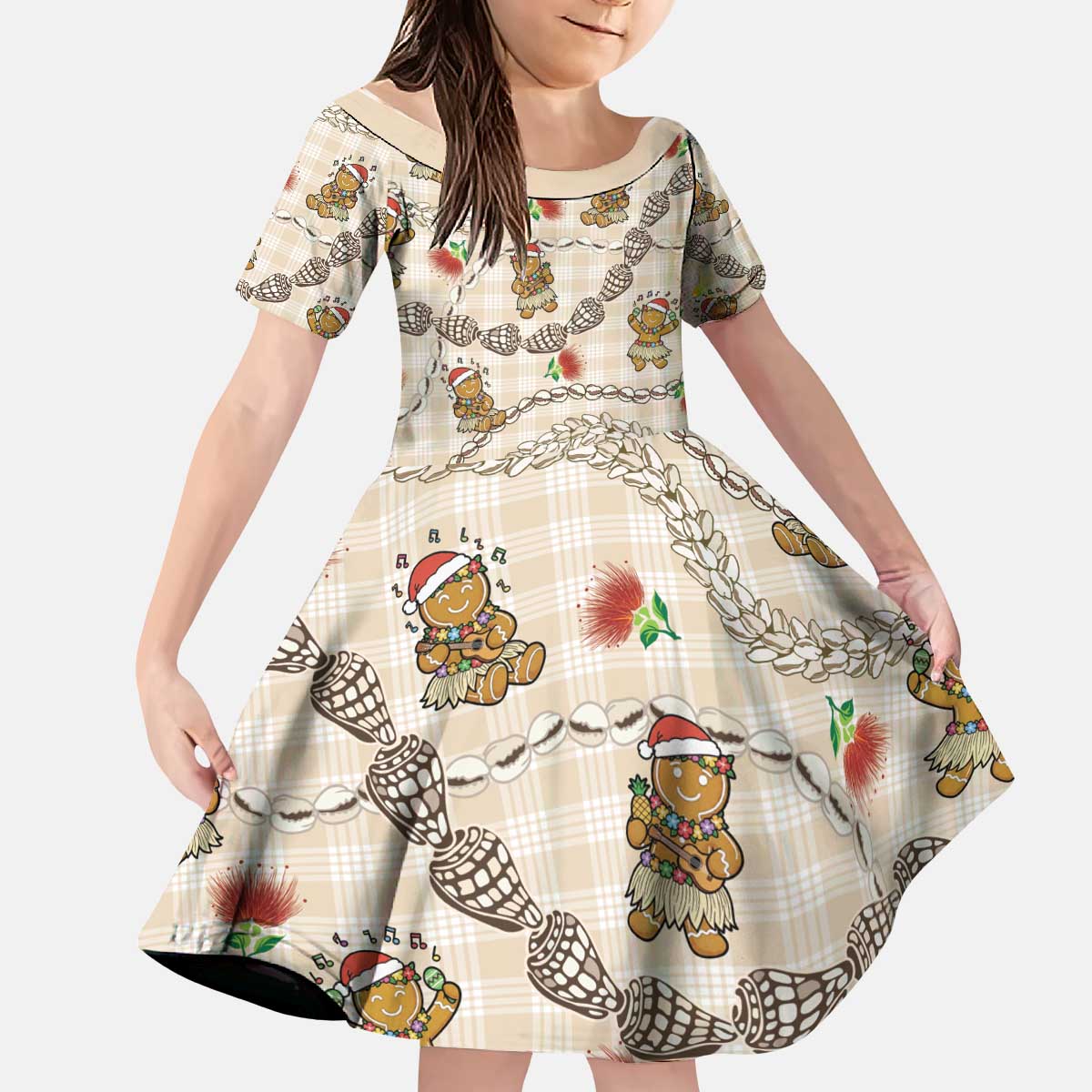Beige Palaka Hawaii Mele Kalikimaka Kid Short Sleeve Dress Ohia Lehua Shell Leis Funny Gingerbread Santa - Polynesian Pride
