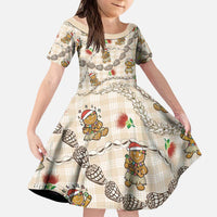Beige Palaka Hawaii Mele Kalikimaka Kid Short Sleeve Dress Ohia Lehua Shell Leis Funny Gingerbread Santa - Polynesian Pride