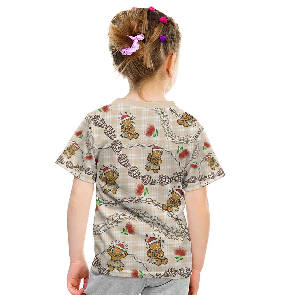 Beige Palaka Hawaii Mele Kalikimaka Kid T Shirt Ohia Lehua Shell Leis Funny Gingerbread Santa - Polynesian Pride