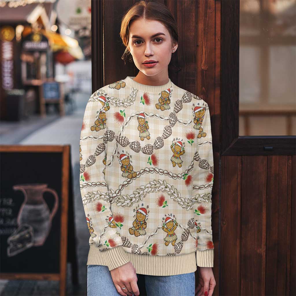Beige Palaka Hawaii Mele Kalikimaka Ugly Christmas Sweater Ohia Lehua Shell Leis Funny Gingerbread Santa - Polynesian Pride