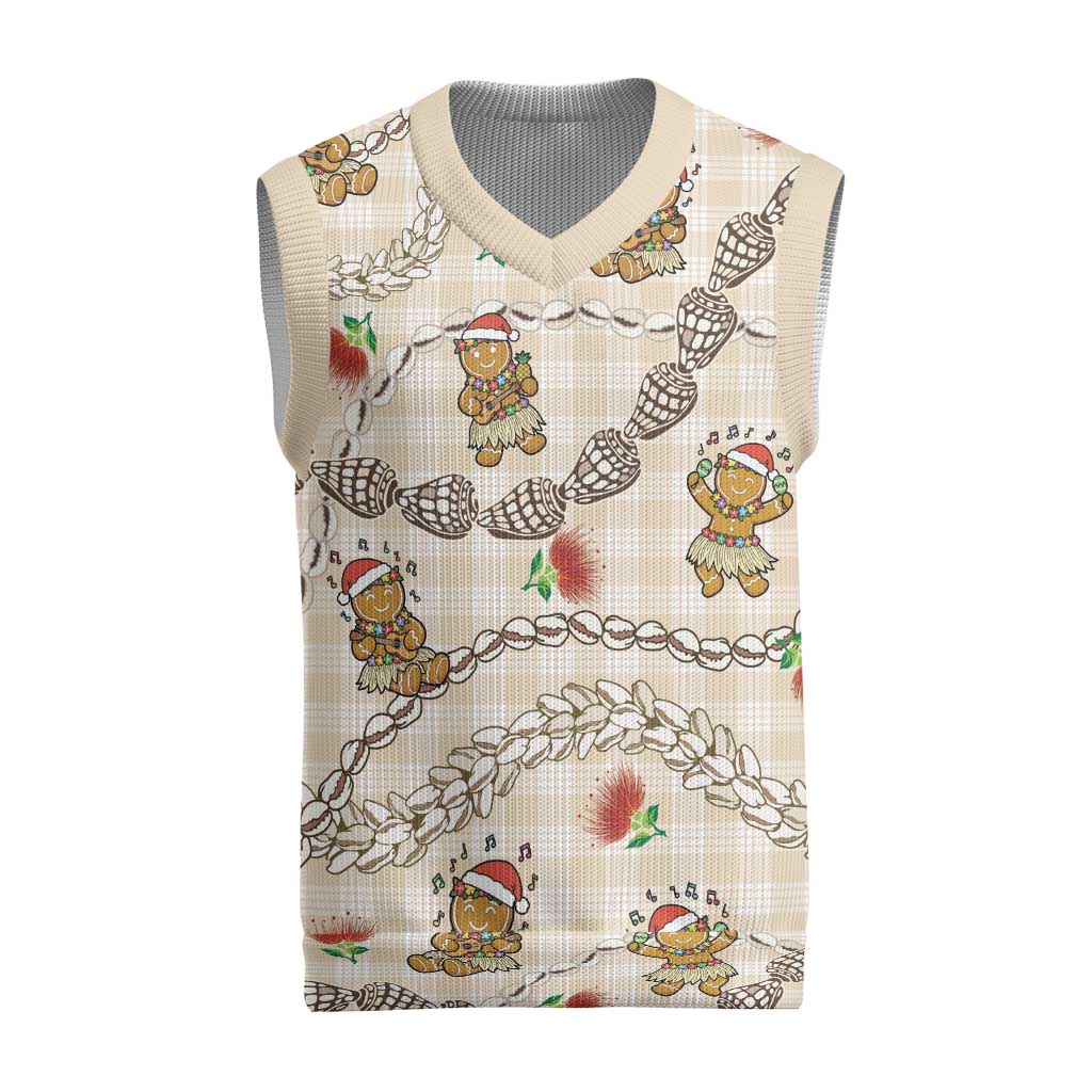 Beige Palaka Hawaii Mele Kalikimaka Christmas Knitted V-Neck Vest Ohia Lehua Shell Leis Funny Gingerbread Santa - Polynesian Pride