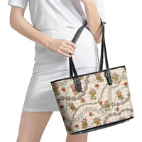 Beige Palaka Hawaii Mele Kalikimaka Leather Tote Bag Ohia Lehua Shell Leis Funny Gingerbread Santa - Polynesian Pride