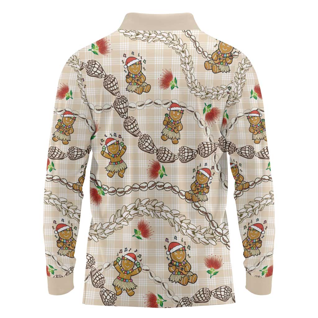 Beige Palaka Hawaii Mele Kalikimaka Long Sleeve Polo Shirt Ohia Lehua Shell Leis Funny Gingerbread Santa - Polynesian Pride