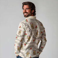 Beige Palaka Hawaii Mele Kalikimaka Long Sleeve Polo Shirt Ohia Lehua Shell Leis Funny Gingerbread Santa - Polynesian Pride