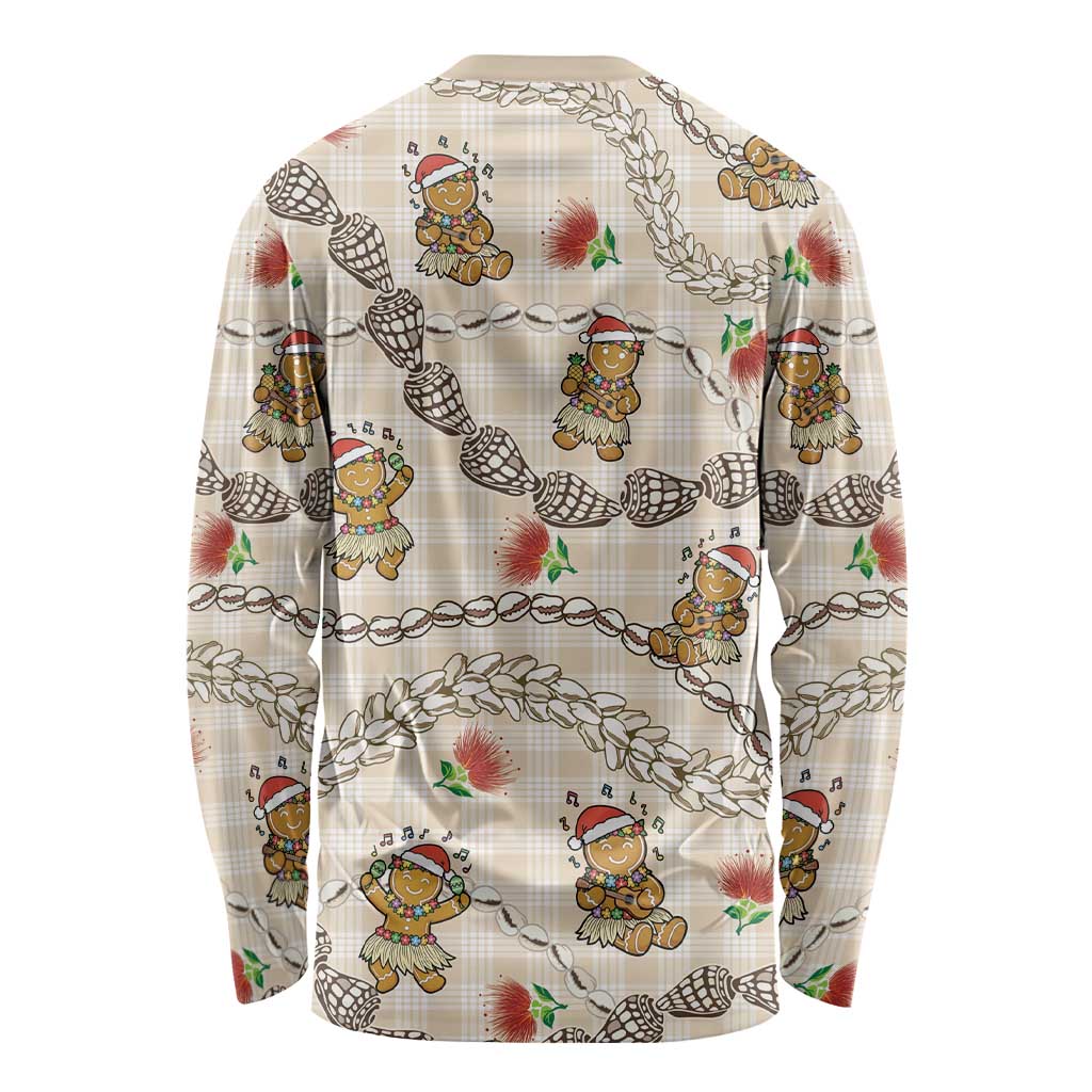 Beige Palaka Hawaii Mele Kalikimaka Long Sleeve Shirt Ohia Lehua Shell Leis Funny Gingerbread Santa - Polynesian Pride