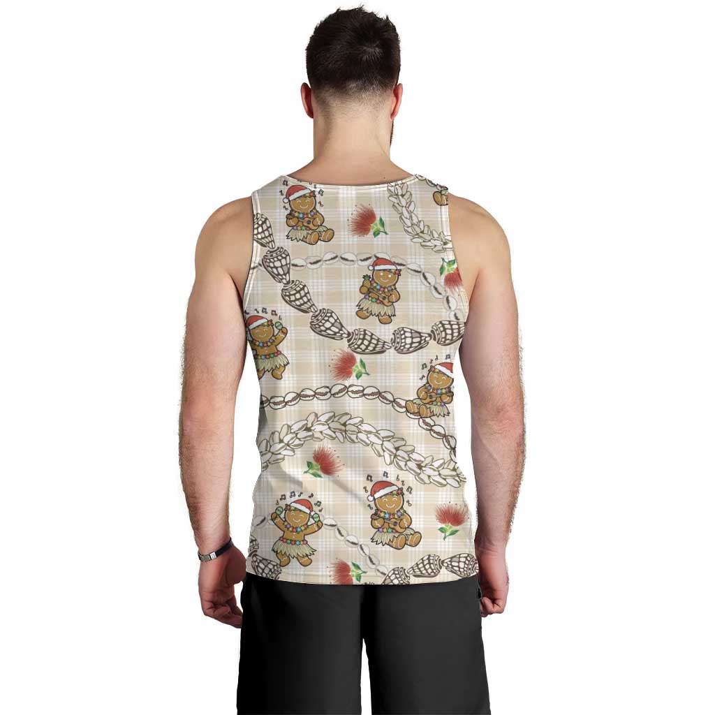 Beige Palaka Hawaii Mele Kalikimaka Men Tank Top Ohia Lehua Shell Leis Funny Gingerbread Santa - Polynesian Pride