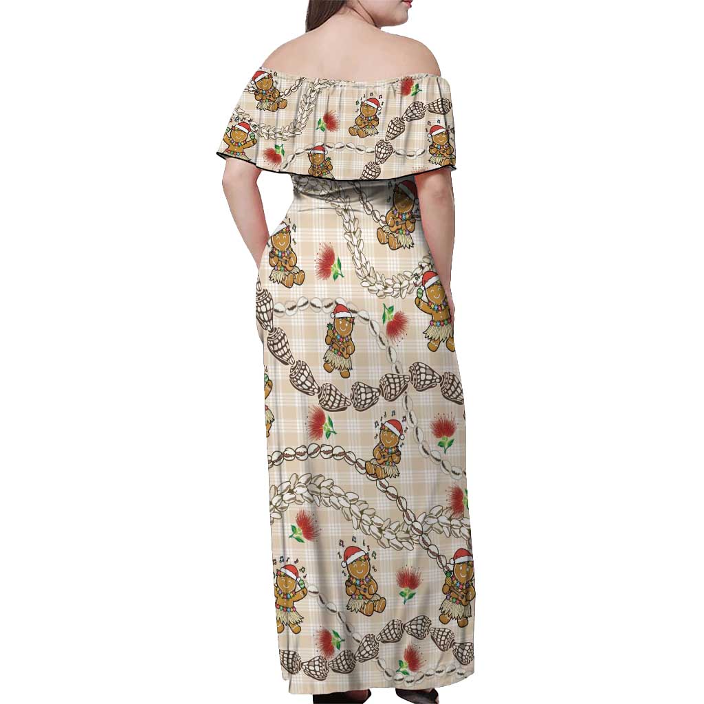 Beige Palaka Hawaii Mele Kalikimaka Off Shoulder Maxi Dress Ohia Lehua Shell Leis Funny Gingerbread Santa - Polynesian Pride