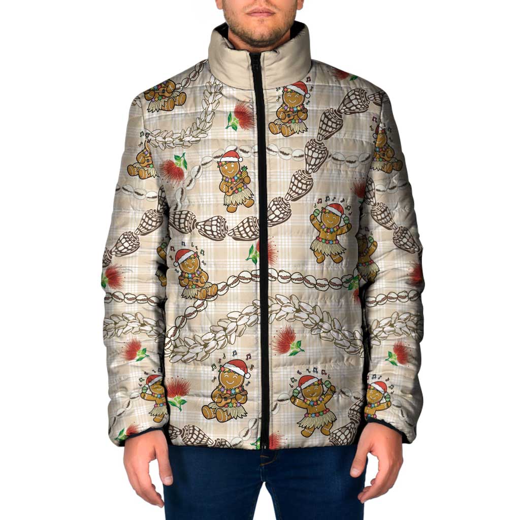 Beige Palaka Hawaii Mele Kalikimaka Padded Jacket Ohia Lehua Shell Leis Funny Gingerbread Santa LT14 Men Beige - Polynesian Pride