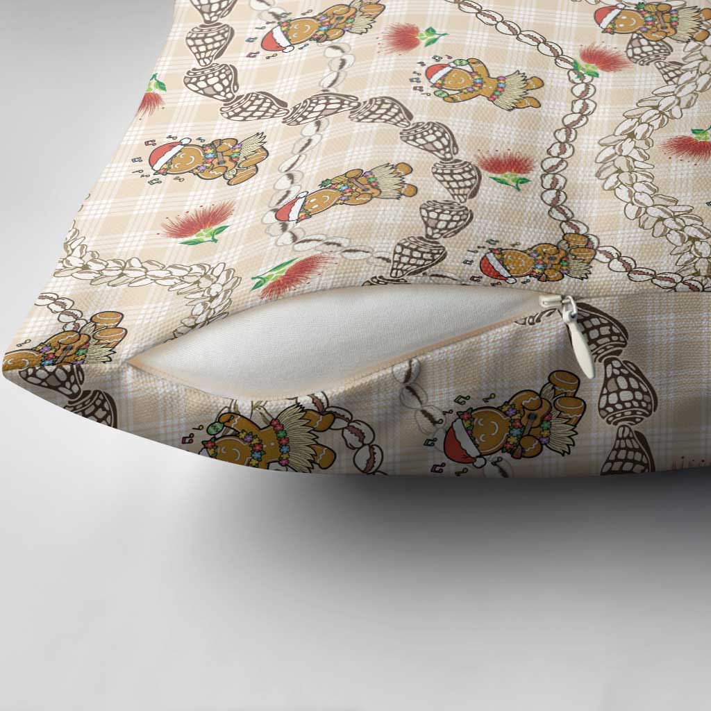 Beige Palaka Hawaii Mele Kalikimaka Pillow Cover Ohia Lehua Shell Leis Funny Gingerbread Santa - Polynesian Pride