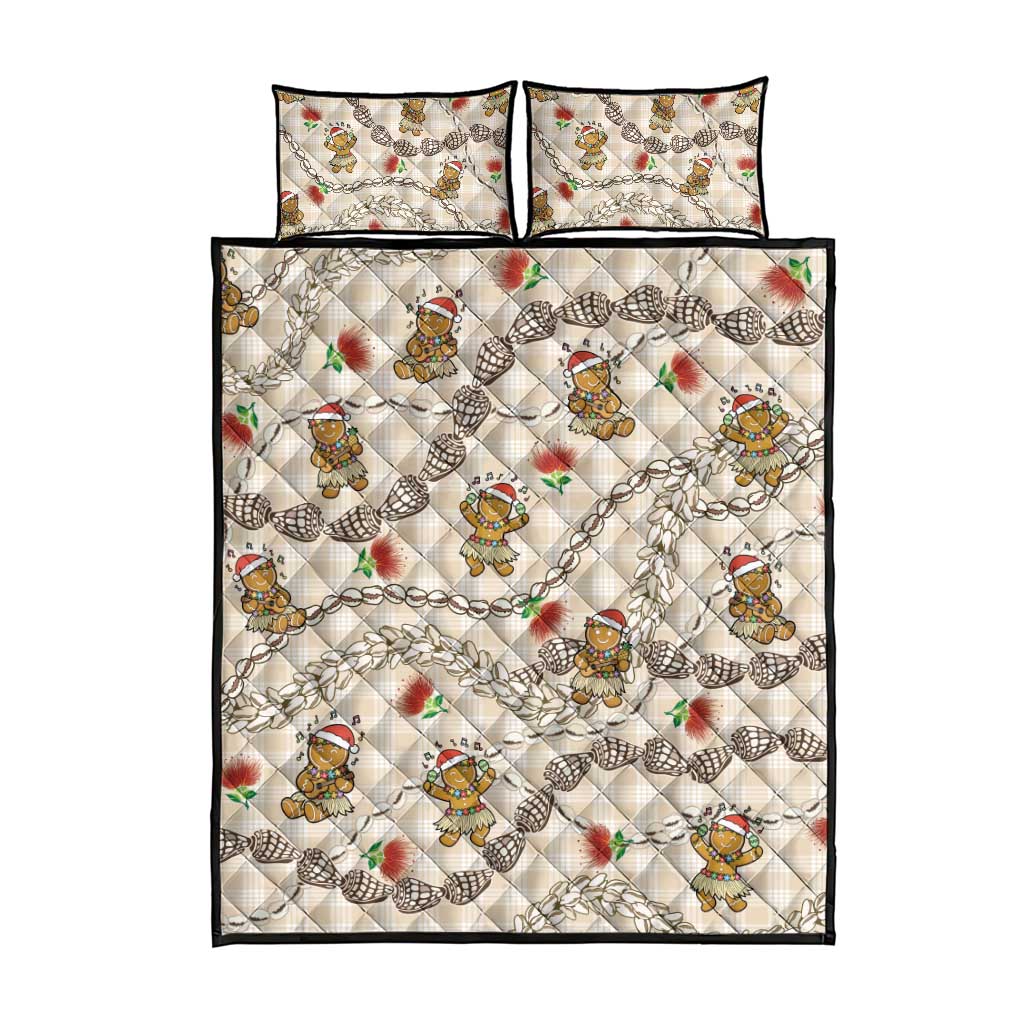 Beige Palaka Hawaii Mele Kalikimaka Quilt Bed Set Ohia Lehua Shell Leis Funny Gingerbread Santa - Polynesian Pride