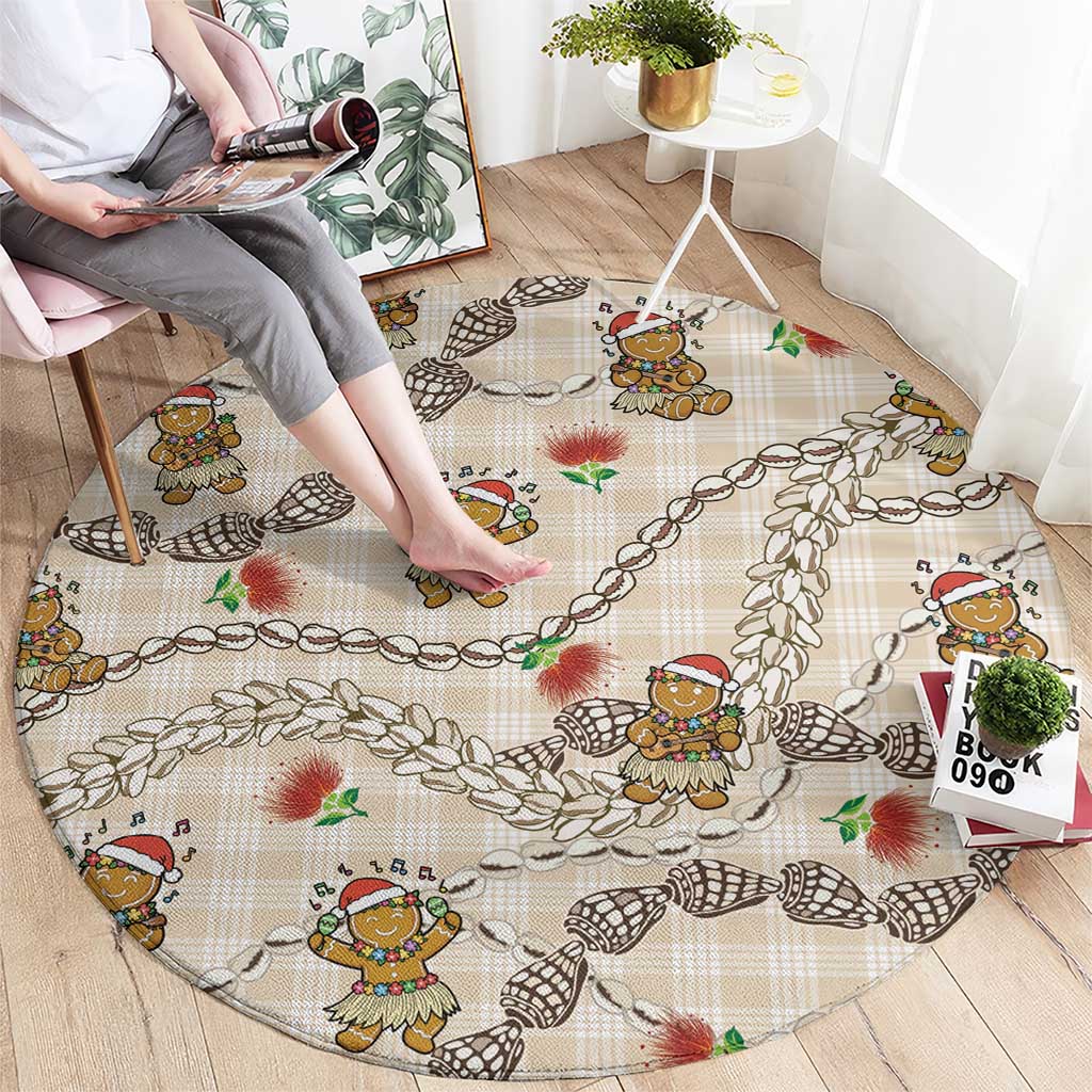 Beige Palaka Hawaii Mele Kalikimaka Round Carpet Ohia Lehua Shell Leis Funny Gingerbread Santa - Polynesian Pride