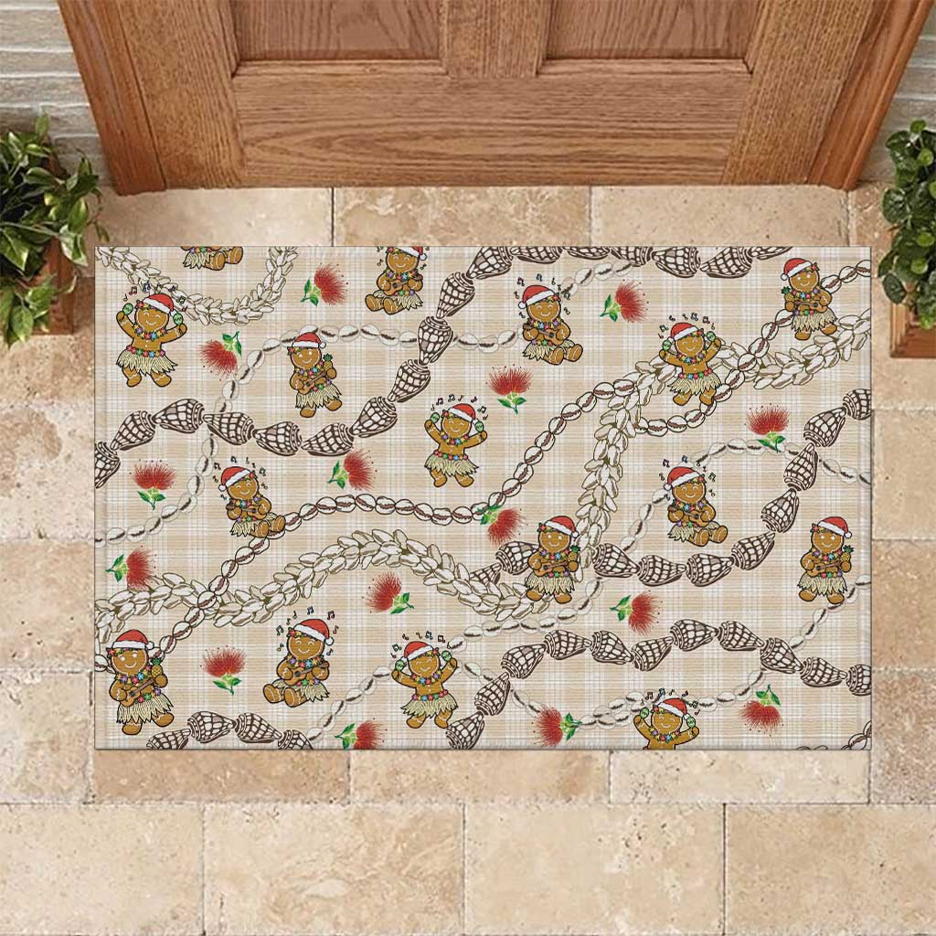 Beige Palaka Hawaii Mele Kalikimaka Rubber Doormat Ohia Lehua Shell Leis Funny Gingerbread Santa LT14 Beige - Polynesian Pride